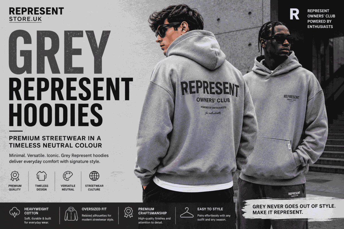 Editorial banner featuring two models wearing Grey Represent hoodies, highlighting premium streetwear style, oversized fit, and a timeless neutral colour palette.