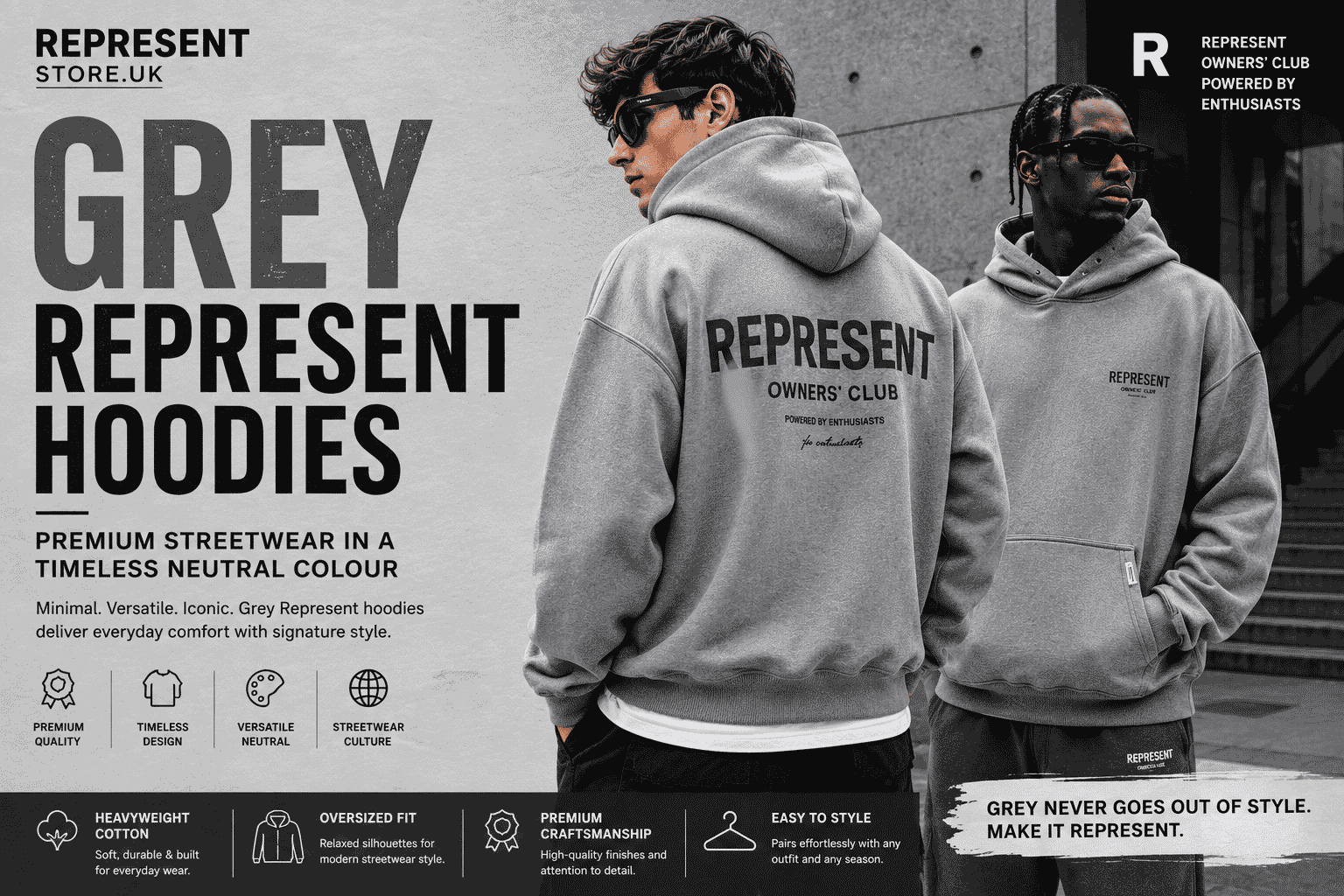 Editorial banner featuring two models wearing Grey Represent hoodies, highlighting premium streetwear style, oversized fit, and a timeless neutral colour palette.