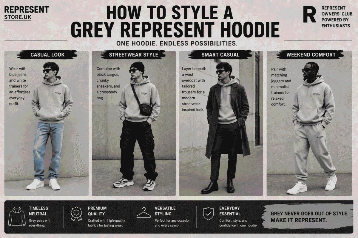 Editorial-style infographic showing four ways to style a Grey Represent hoodie, including casual, streetwear, smart casual, and weekend comfort outfits.