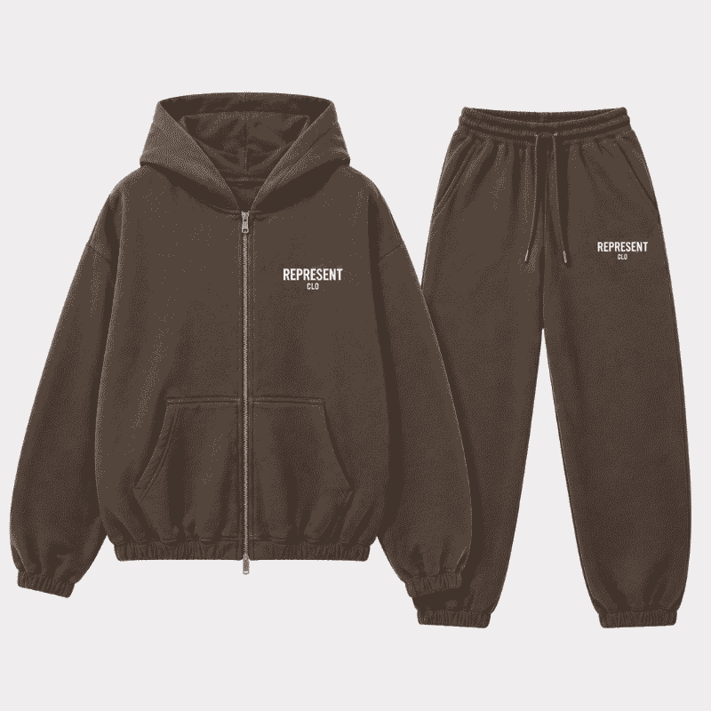 Mocha Represent Tracksuit Front View Mocha Represent Tracksuit front view.
