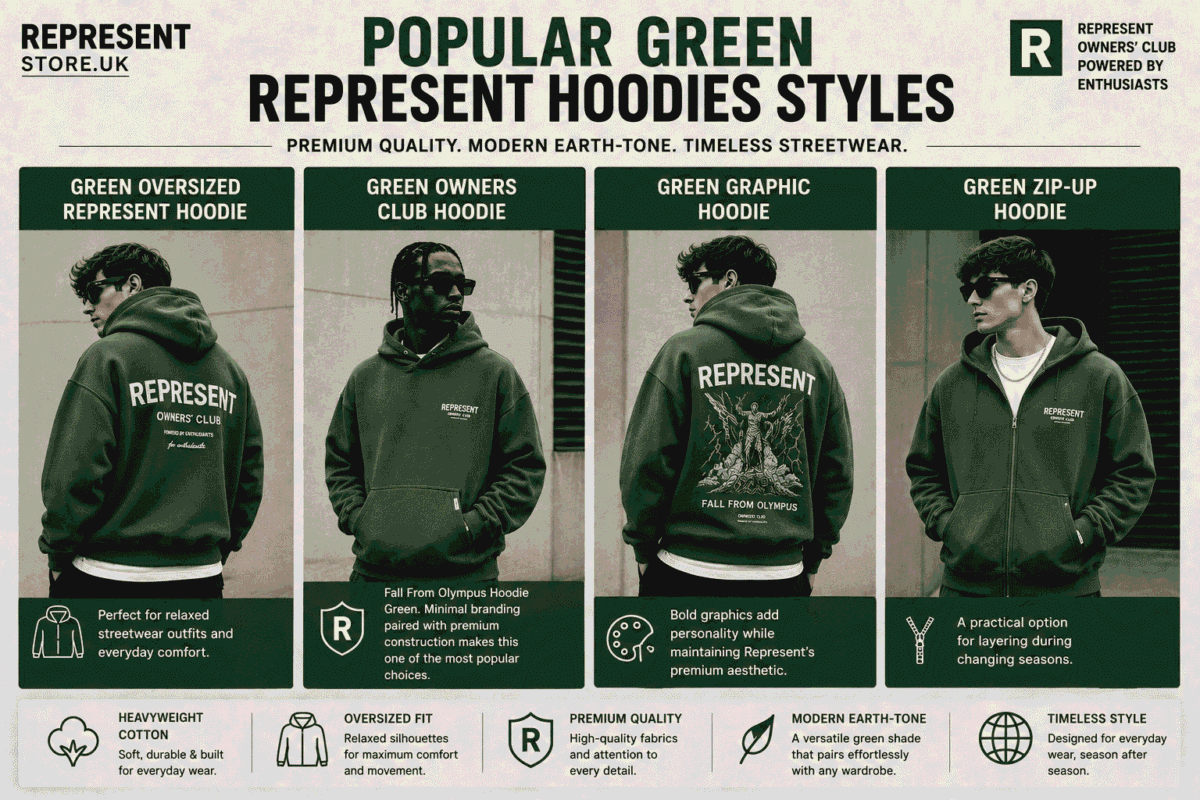 Infographic featuring four popular Green Represent hoodie styles, including Oversized, Owners Club, Graphic, and Zip-Up hoodies in a premium earth-tone colour.