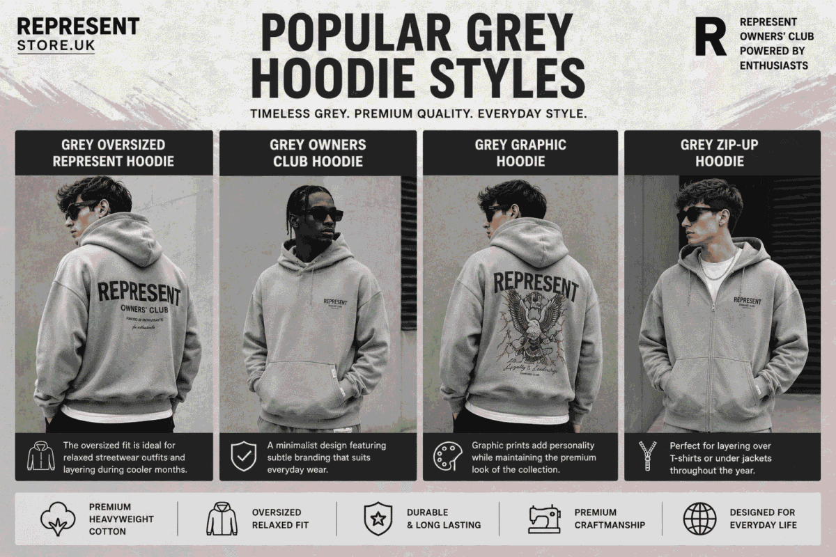 Infographic featuring four popular Grey Represent hoodie styles: Oversized, Owners Club, Graphic, and Zip-Up, showcasing premium streetwear designs in a timeless grey colour.