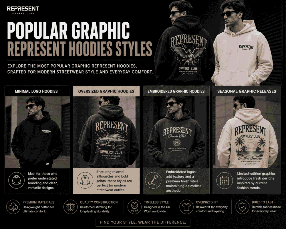 Represent hoodie sale featuring premium oversized hoodies in black, grey, cream, and green with bold graphic designs and luxury British streetwear styling.