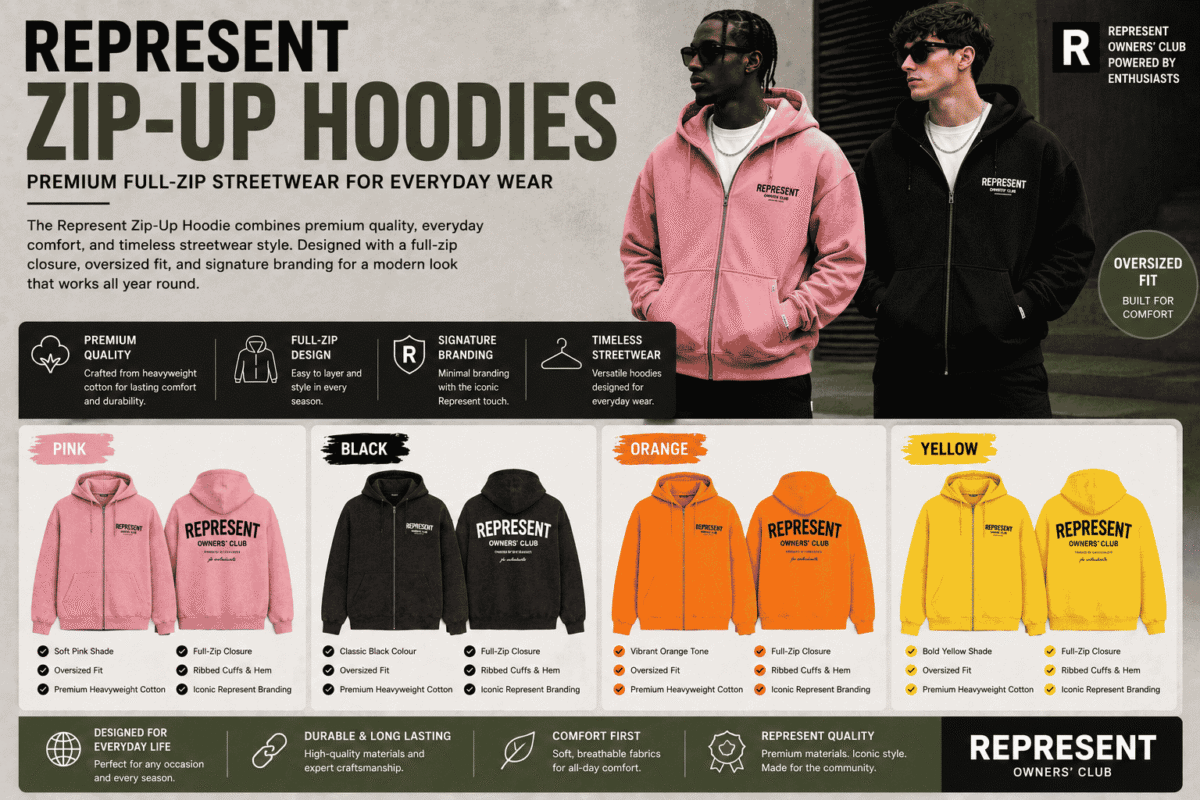 Promotional banner featuring Represent Zip-Up Hoodies in pink, black, orange, and yellow, showcasing premium full-zip streetwear with oversized comfort and modern styling.