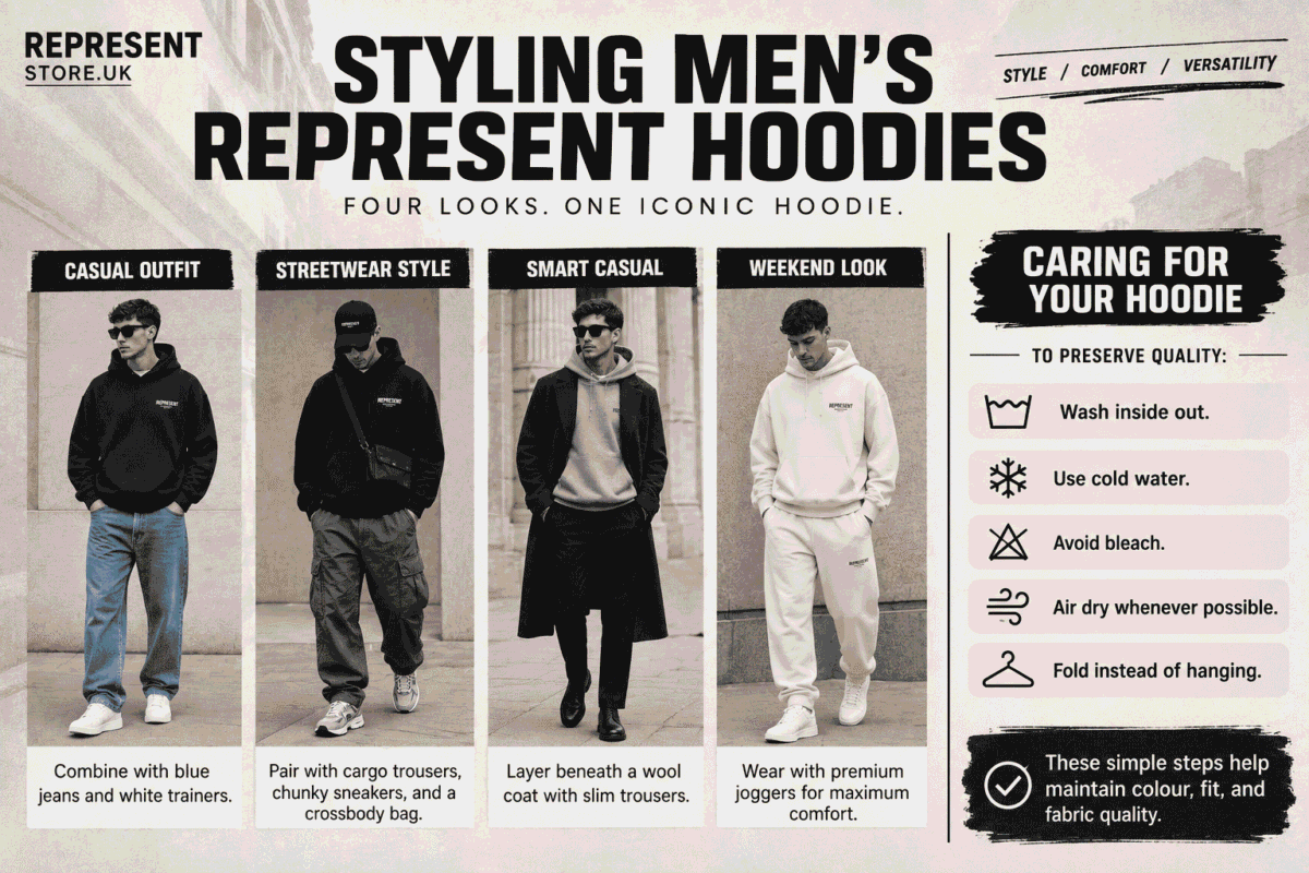 Modern infographic showing four ways to style Men's Represent hoodies—casual, streetwear, smart casual, and weekend looks.