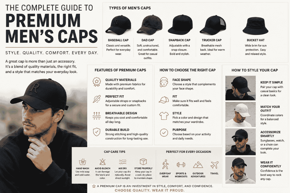 The Complete Guide to Premium Men's Caps infographic showing cap styles, features, fit, and care tips.