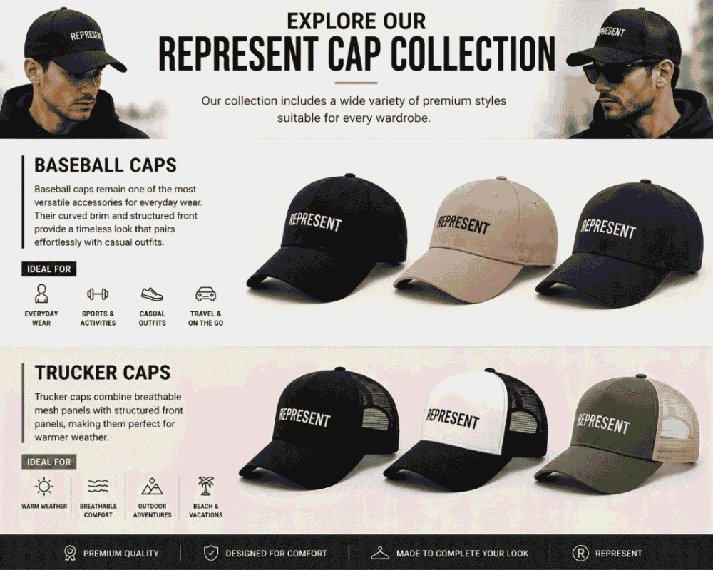 Explore Our Represent Cap Collection featuring baseball caps and trucker caps for everyday wear and warm weather.