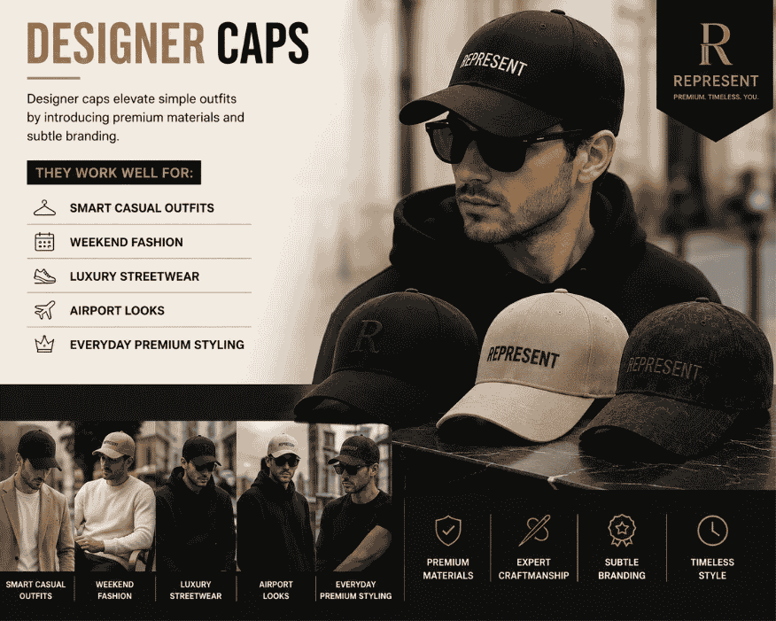 Designer Represent caps for men including baseball, trucker, and premium casual styles.