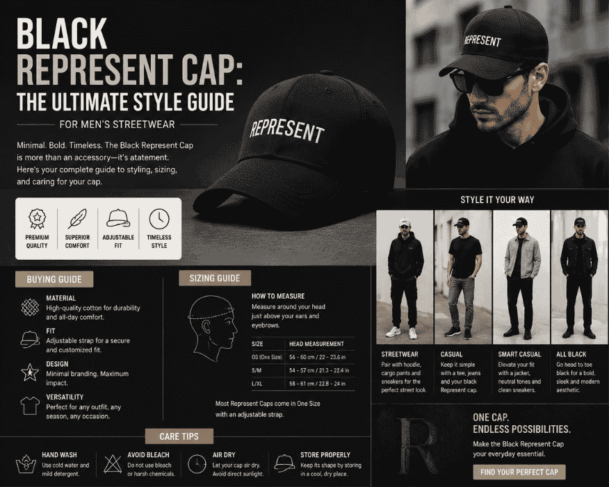 Black Represent Cap style guide showing outfit ideas, sizing tips, buying guide, and cap care instructions.