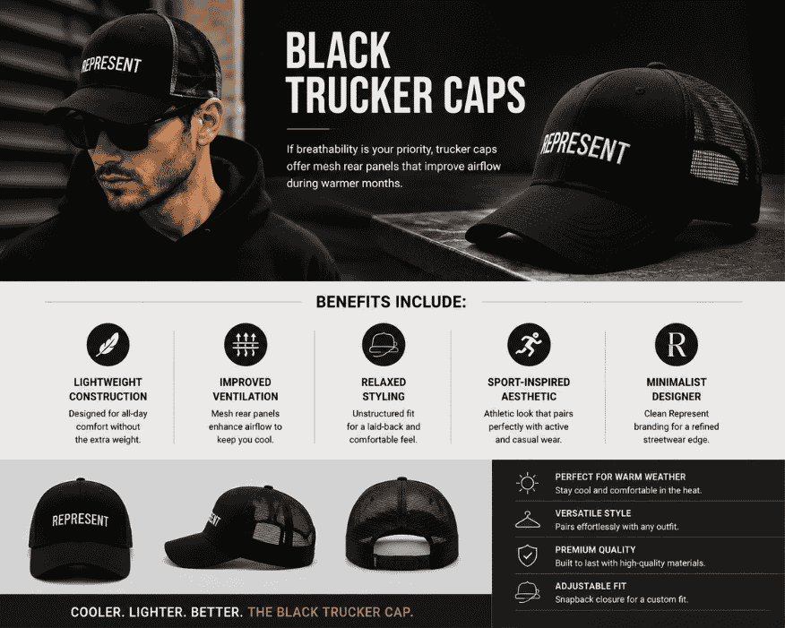 Black Represent trucker cap featuring breathable mesh panels, lightweight design, and everyday streetwear style.