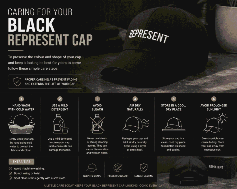 Black Represent cap care guide showing washing, drying, storage, and maintenance tips to preserve colour and shape.