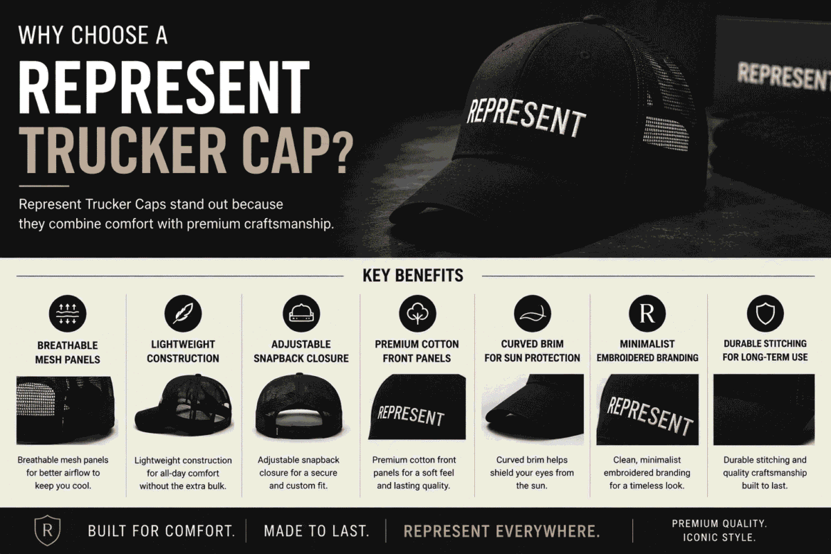 Represent trucker cap showing breathable mesh panels, adjustable snapback, curved brim