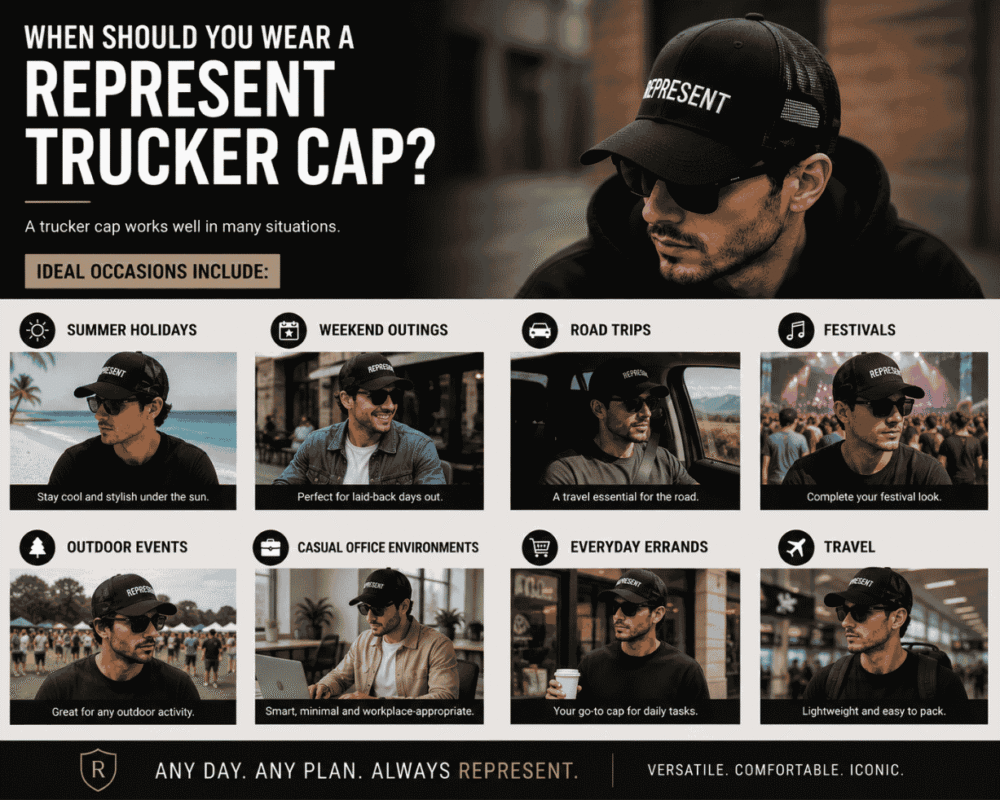 Represent trucker cap styled for travel, festivals, road trips,