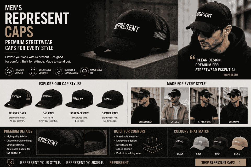 Men's Represent caps collection featuring trucker, baseball, snapback, and premium streetwear cap styles.