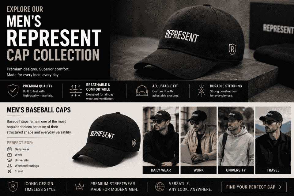 Men's Represent baseball cap collection featuring premium caps for daily wear, work, university, travel, and weekends.
