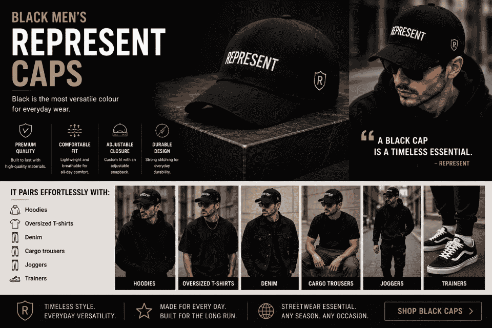 Black men's Represent cap styled with hoodies, oversized T-shirts, denim, cargo trousers, joggers,