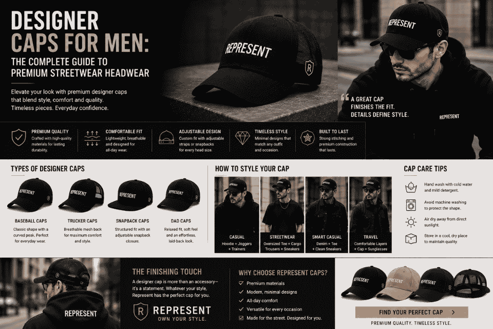 Designer caps for men featuring premium Represent streetwear caps, styling ideas, cap types, and care tips.