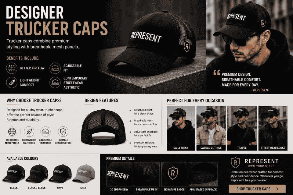
Designer Represent trucker cap with breathable mesh panels, adjustable fit, lightweight comfort, and modern streetwear style.