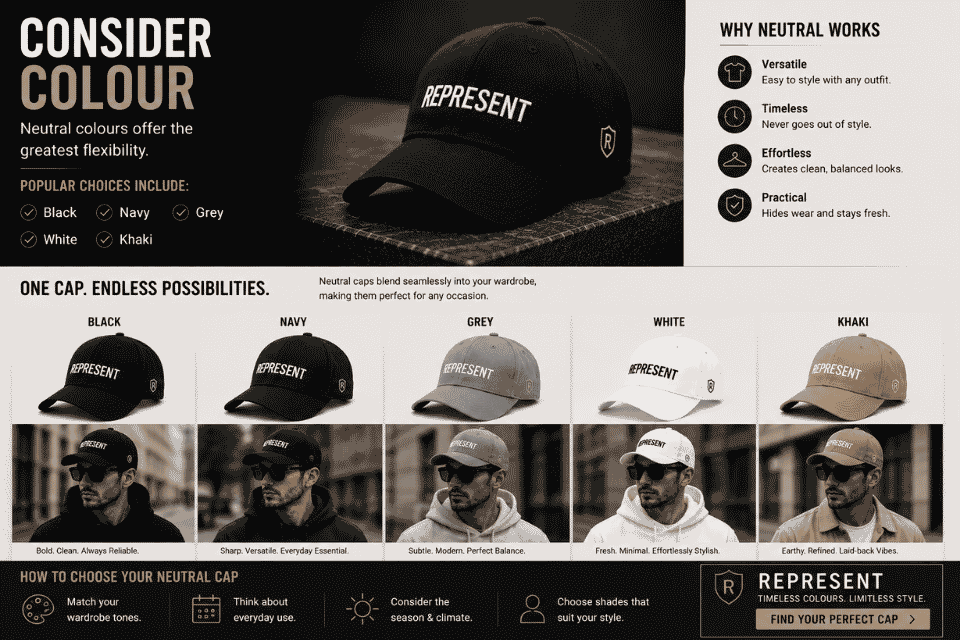 
Neutral Represent caps in black, navy, grey, white, and khaki for versatile everyday streetwear styling.

Title