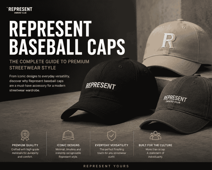 Represent baseball caps in premium cotton with embroidered logo, curved brim, and adjustable fit for everyday casual wear.