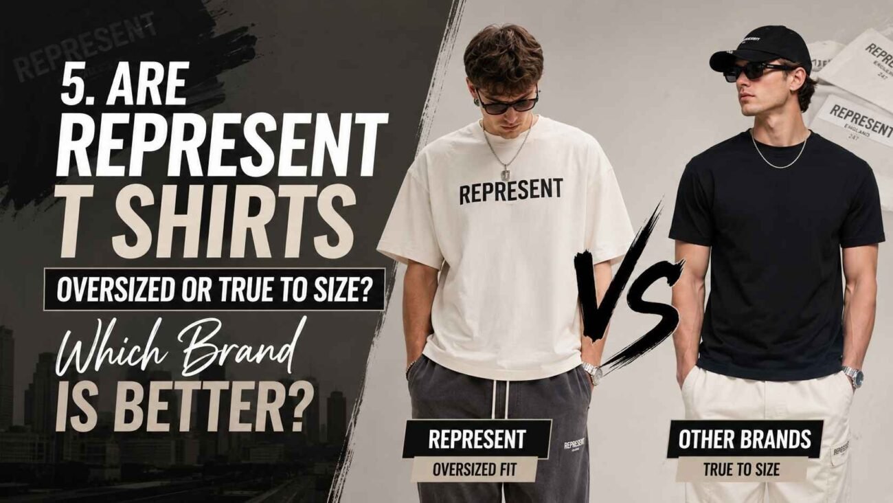 Represent T Shirts showing oversized and true-to-size fits