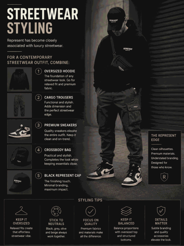 Streetwear Styling

Represent has become closely associated with luxury streetwear.

For a contemporary streetwear outfit, combine:

Oversized hoodie

Cargo trousers

Premium sneakers

Crossbody bag

Black Represent Cap