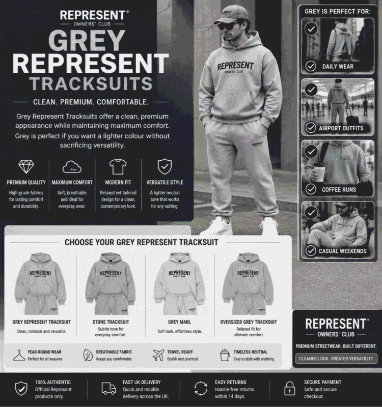 This fashion infographic showcases the Grey Represent Tracksuits collection, emphasizing its clean, premium appearanc