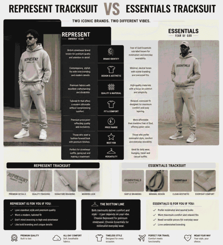 Represent Tracksuit vs Essentials Tracksuit – Complete Streetwear Comparison