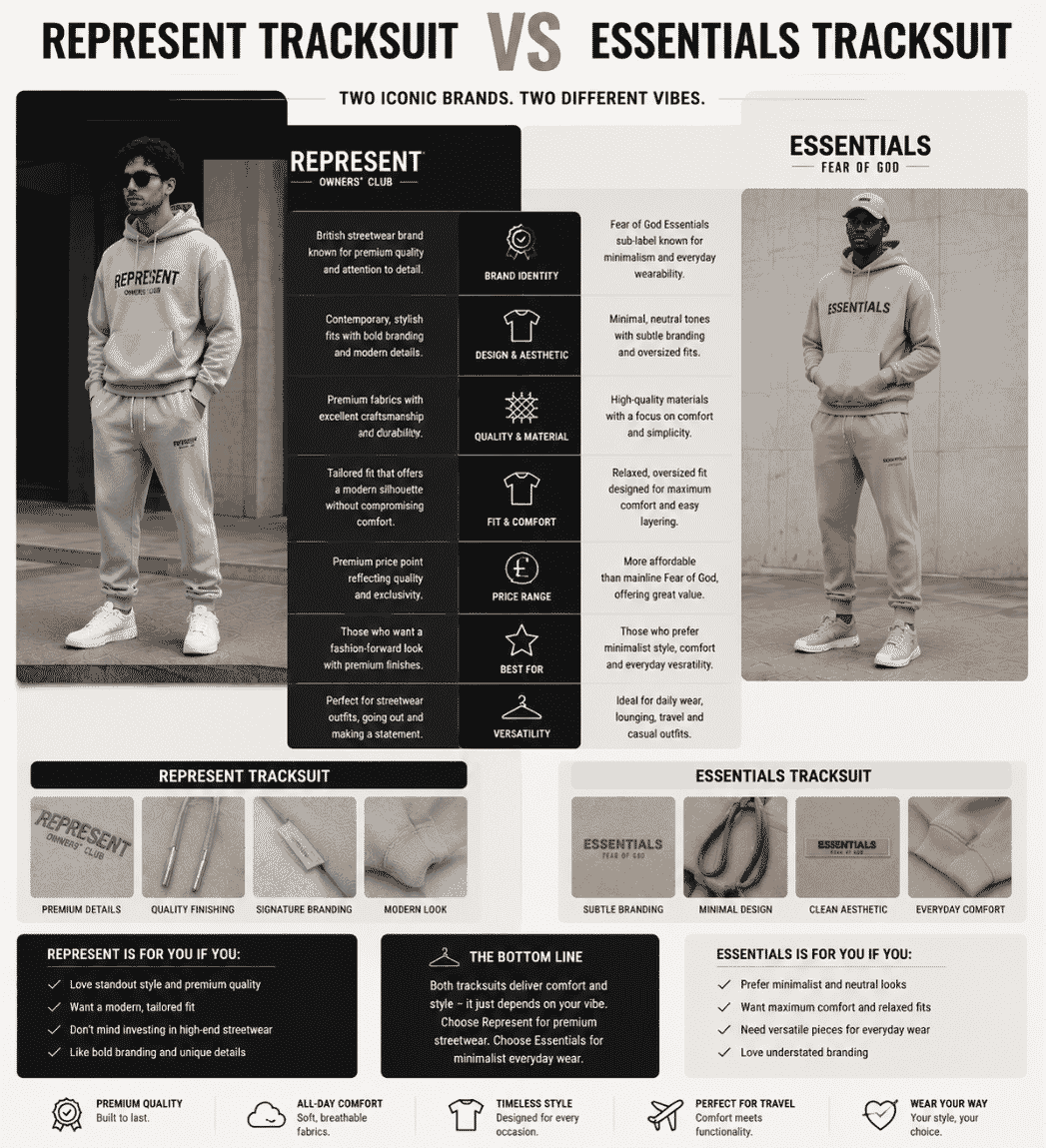 Represent Tracksuit vs Essentials Tracksuit – Complete Streetwear Comparison
