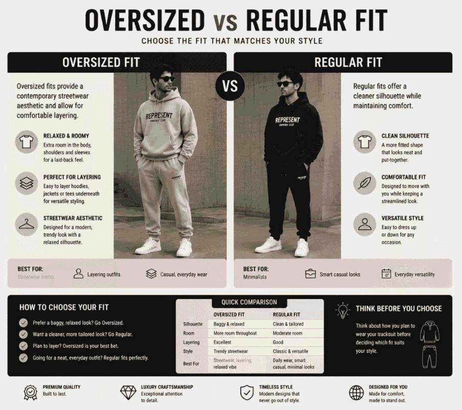 Oversized vs Regular Fit – Represent Tracksuit Fit Guide