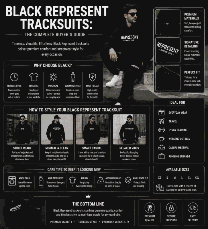 Comprehensive infographic featuring Black Represent Tracksuits, highlighting premium materials, styling ideas, key features, sizing guidance, care tips, and the benefits of choosing a black tracksuit.