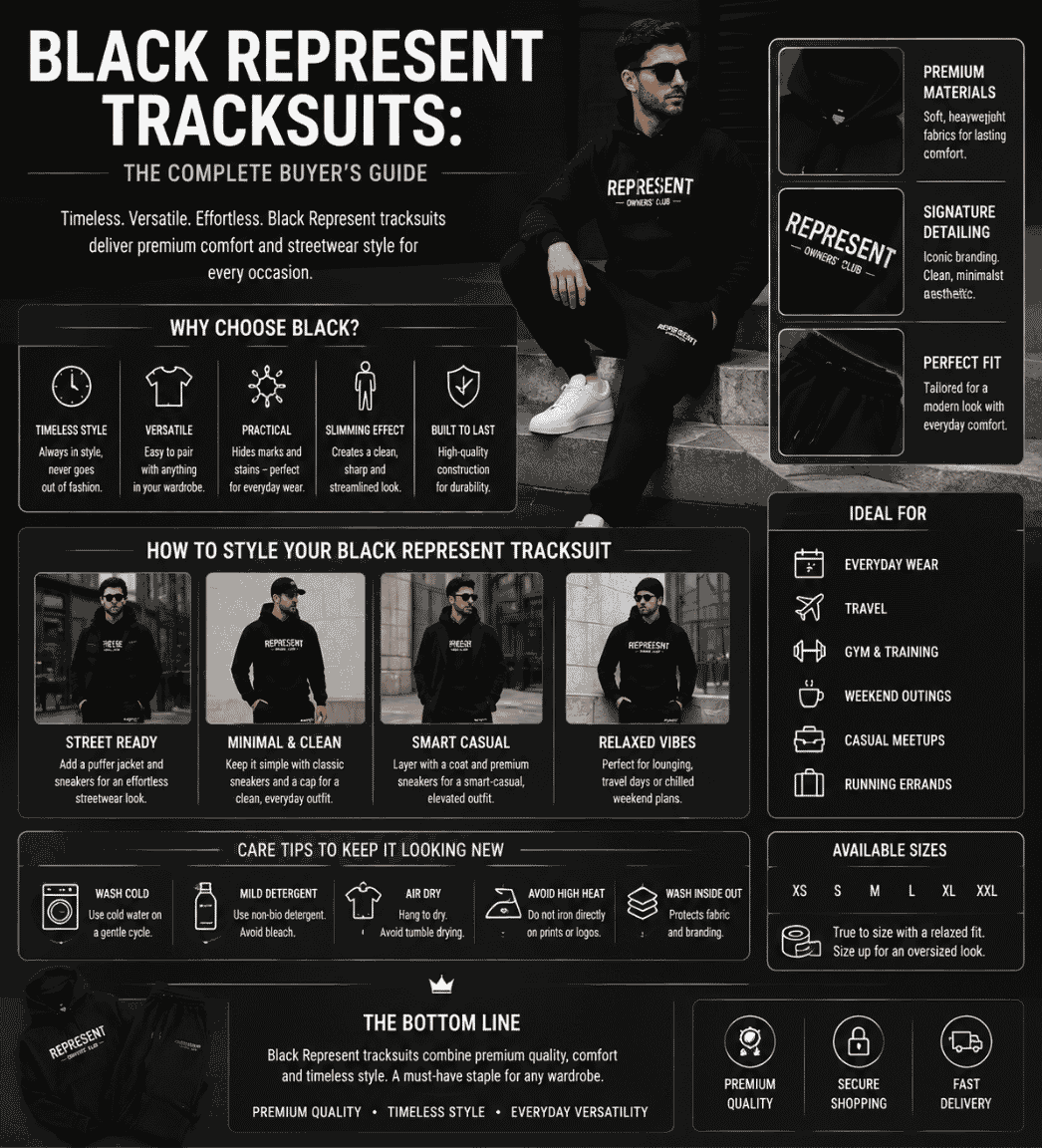 Comprehensive infographic featuring Black Represent Tracksuits, highlighting premium materials, styling ideas, key features, sizing guidance, care tips, and the benefits of choosing a black tracksuit.