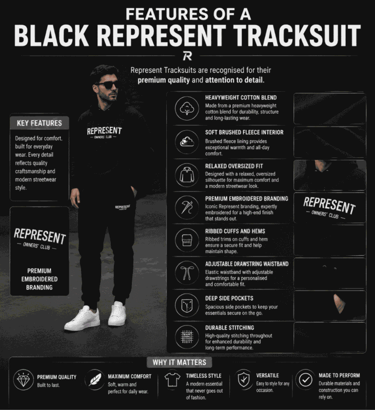 Features of a Black Represent Tracksuit – Premium Quality & Design