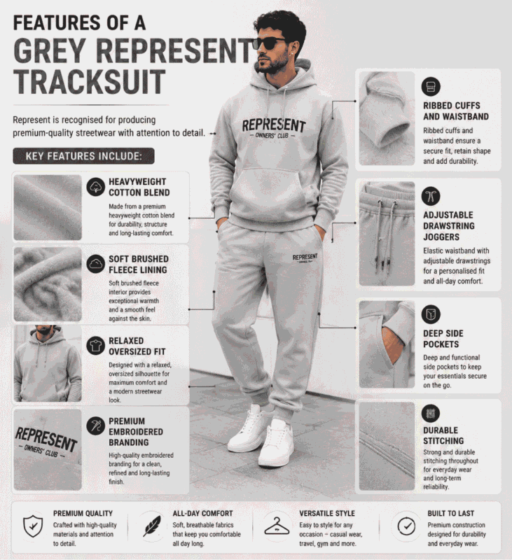 Features of a Grey Represent Tracksuit – Premium Quality & Design
