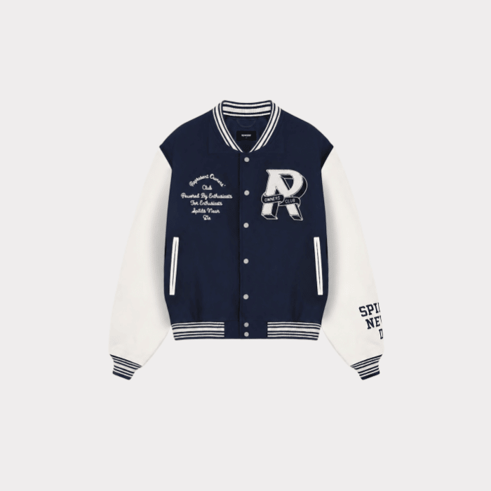 Represent Navy Varsity Jacket – Front Represent Navy Varsity Jacket front view for men