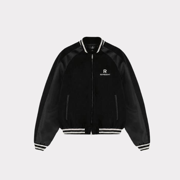Represent Varsity Jacket Black – Front Represent Varsity Jacket Black front view for men