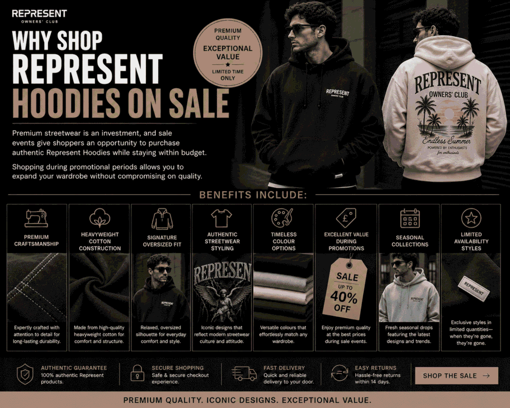 Represent hoodies on sale featuring premium oversized streetwear, heavyweight cotton construction, authentic designs, and seasonal colour options for men.