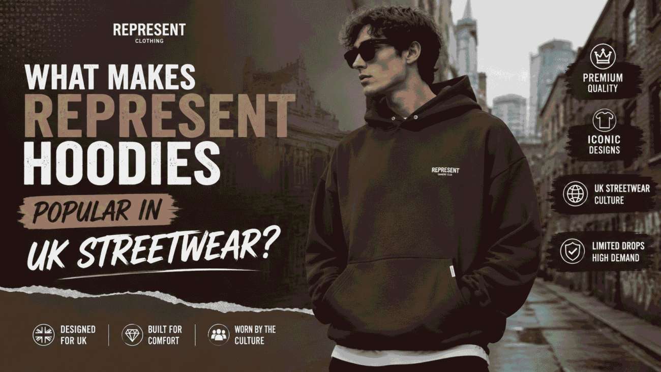 Represent hoodie styled in modern UK streetwear
