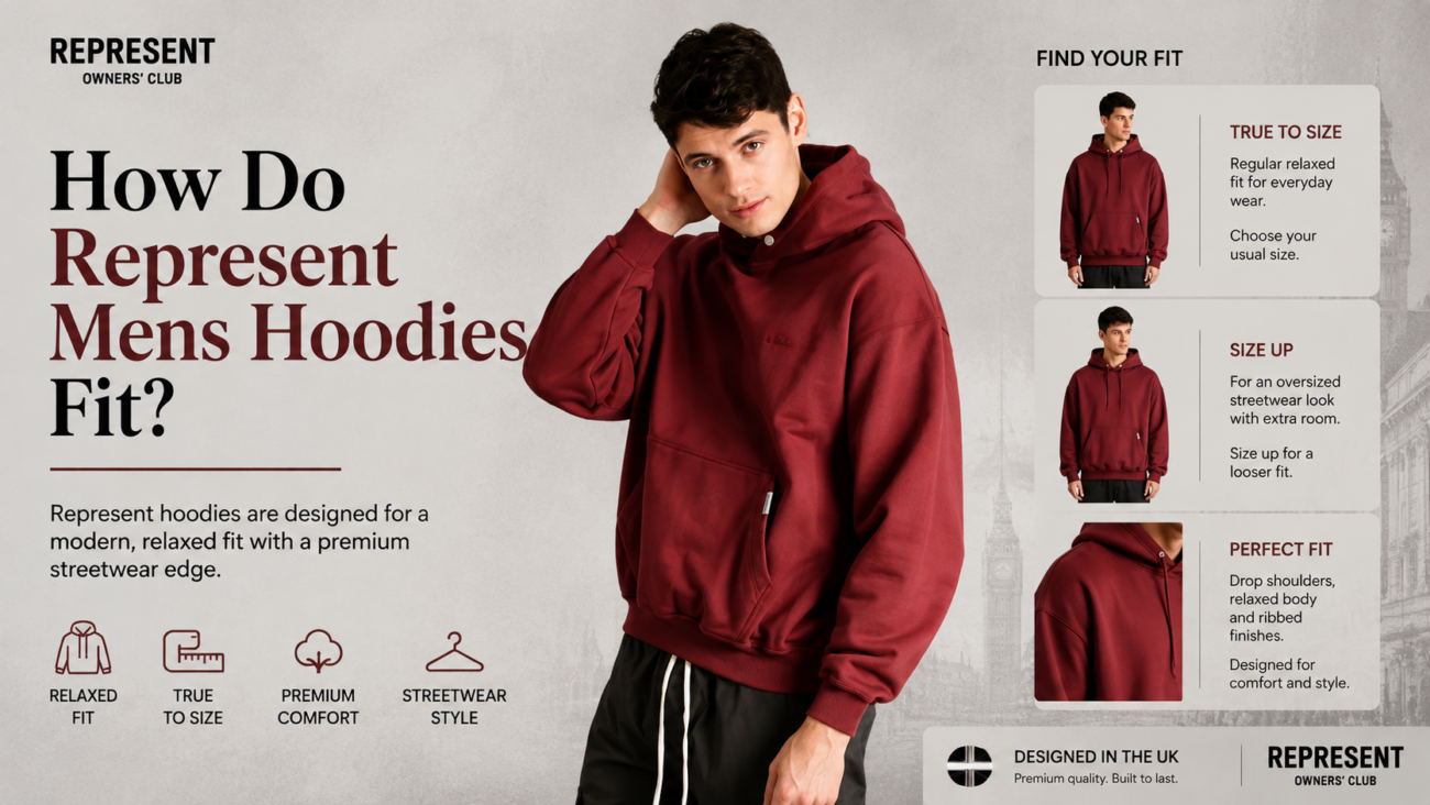 Represent Mens Hoodies fit guide showing relaxed and oversized styles
