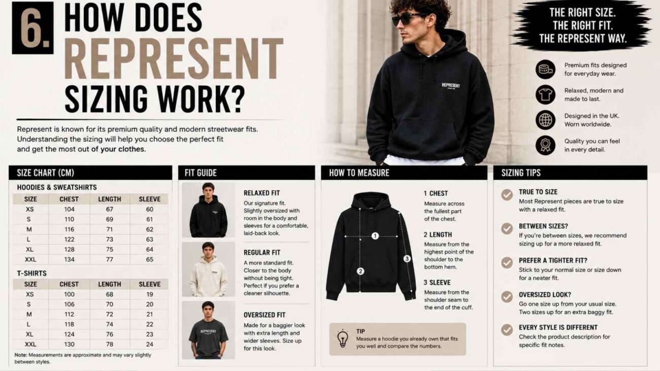 Represent sizing guide showing how Represent clothing fits