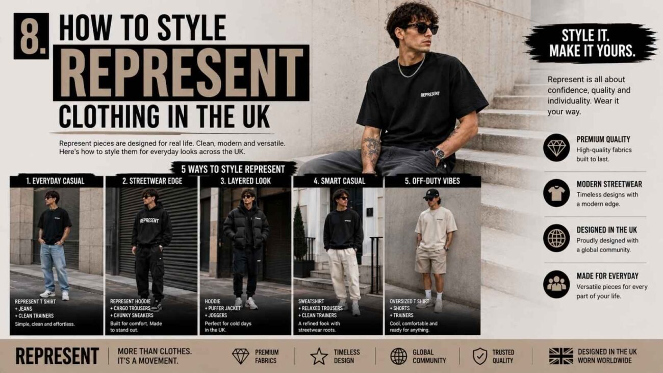 Represent Clothing styled for modern UK streetwear outfits