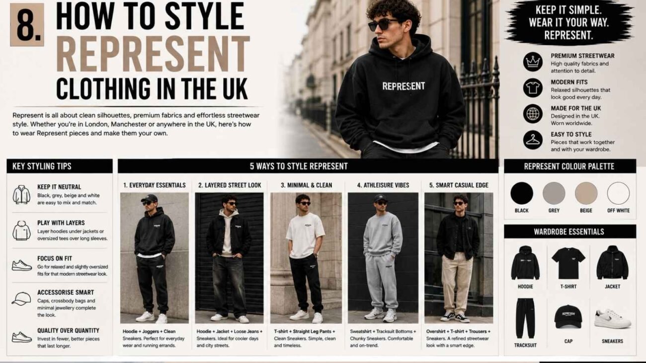 Represent Clothing styled for modern UK streetwear outfits