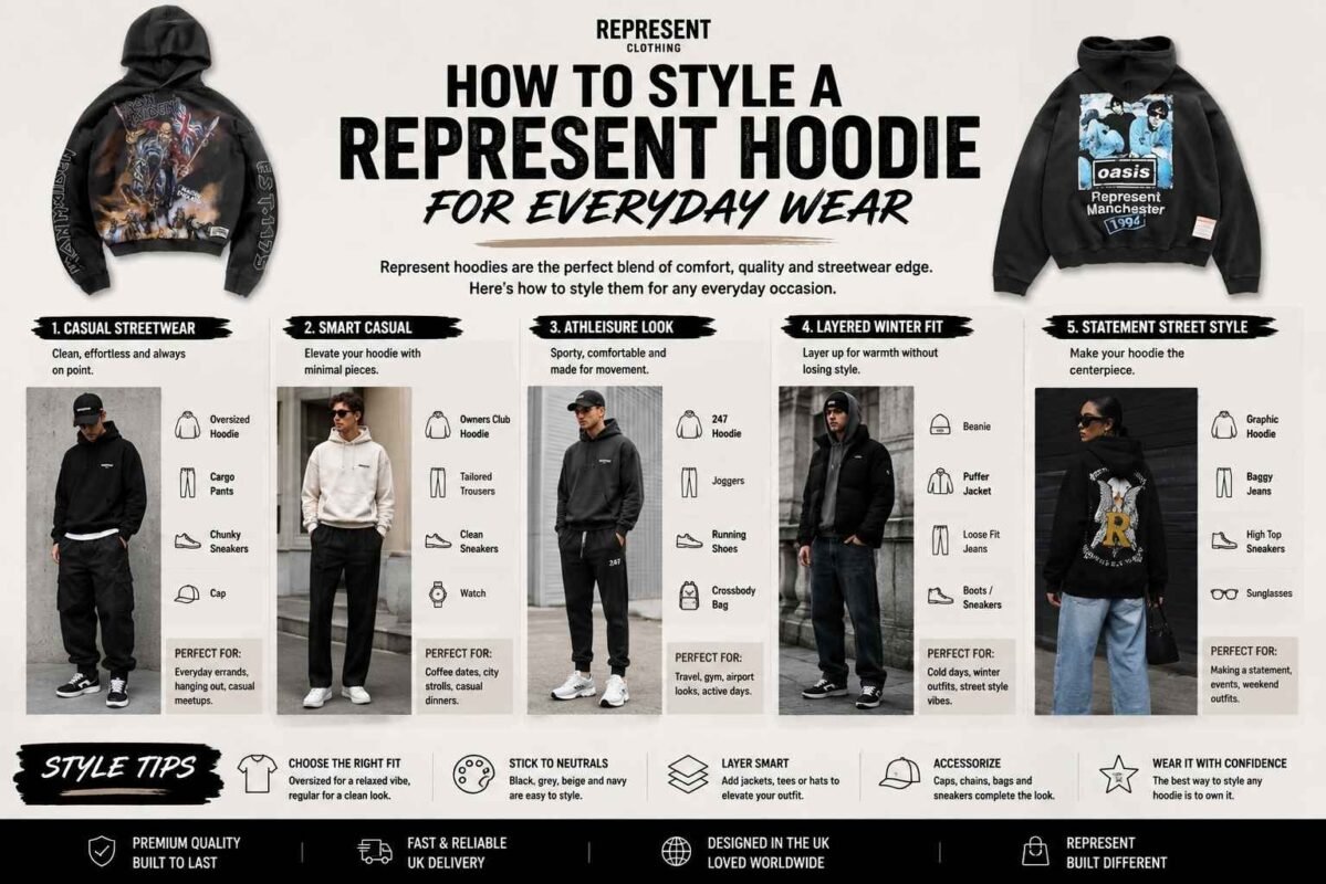 Represent hoodie styled with cargos and trainers for UK streetwear