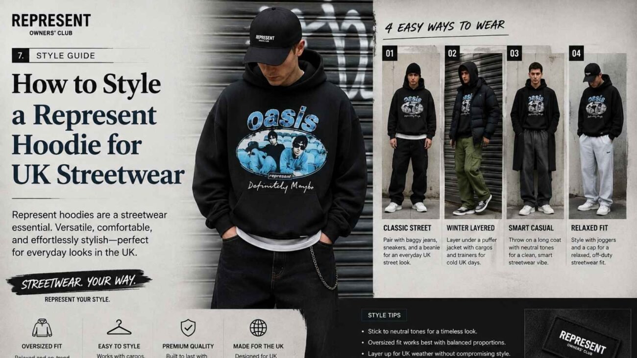 Represent Hoodie styled for a modern UK streetwear outfit