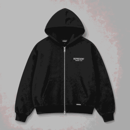 Represent Black Zip Up Hooded Sweatshirt front view