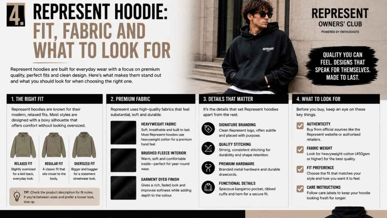Represent Hoodie showing fit, fabric and key design details