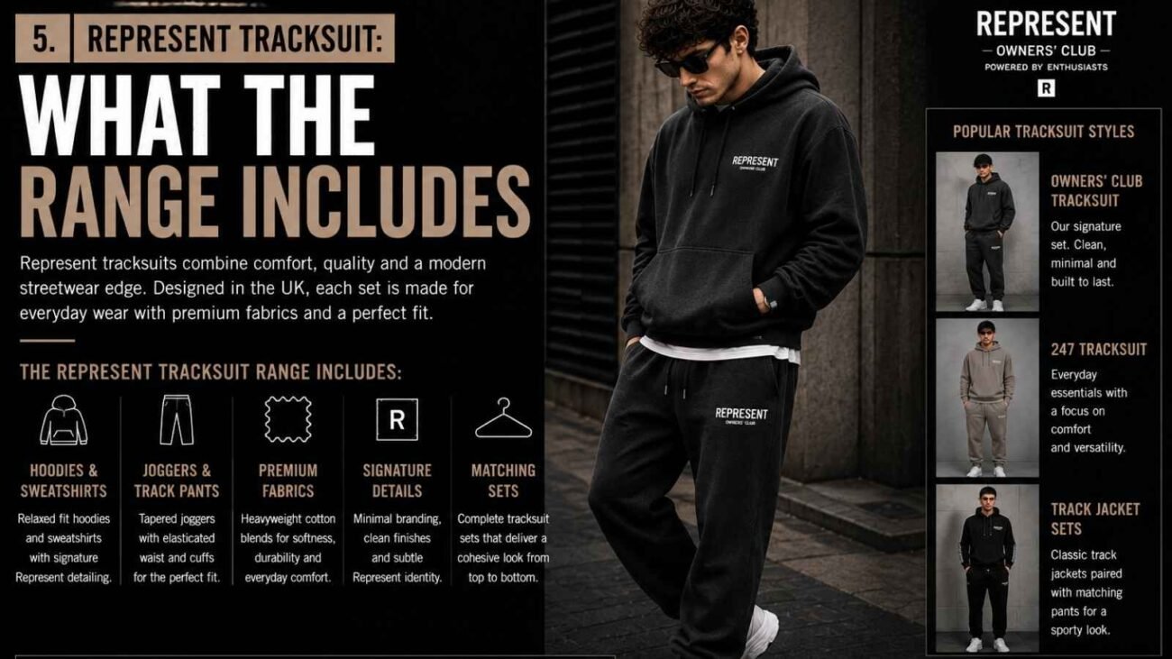 Represent Tracksuit range including matching hoodies, tops and trousers