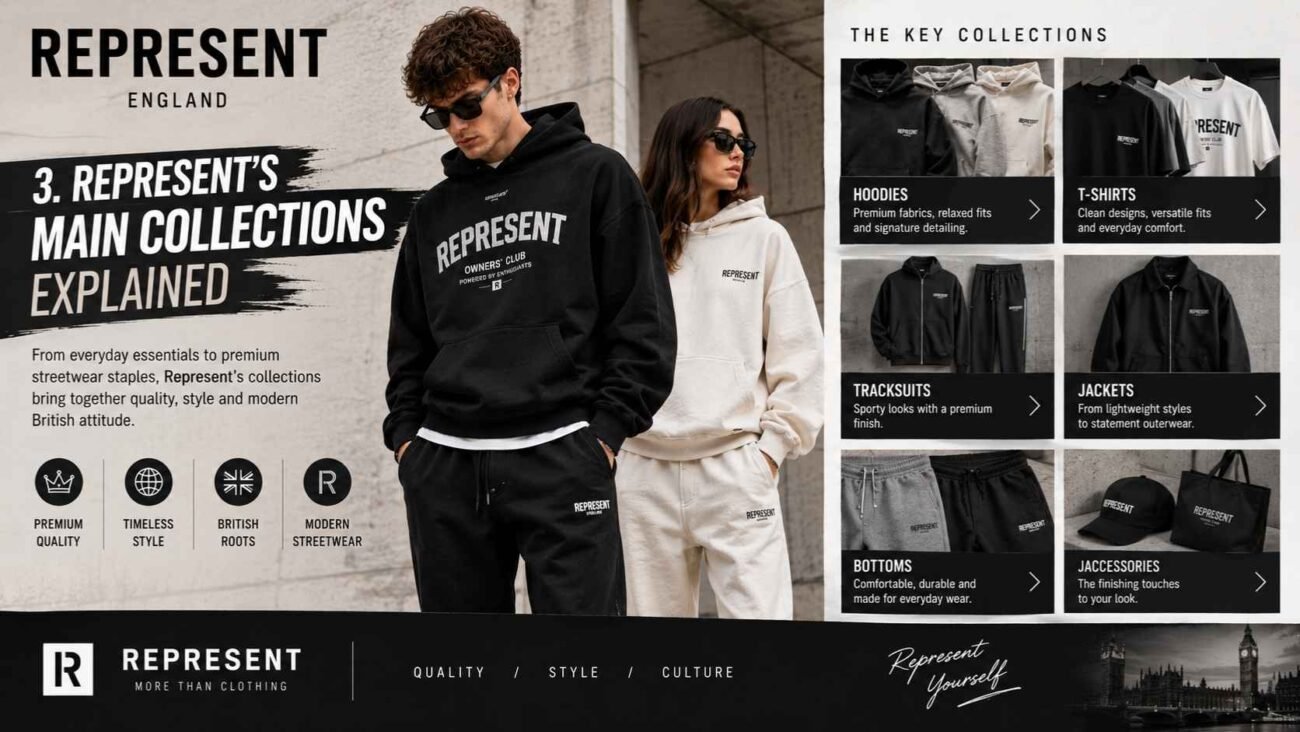 Represent main clothing collections including hoodies, tracksuits and T shirts