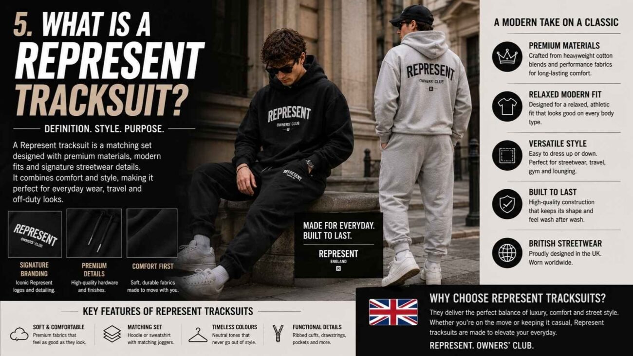 Represent Tracksuit in modern British streetwear style
