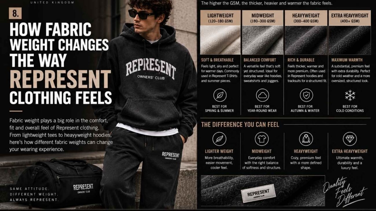 Represent Clothing showing how fabric weight affects feel and fit